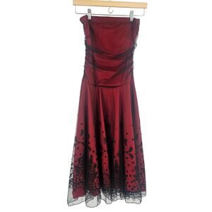 Vintage y2k Ruby Rox Dress Red Black Mesh Strapless Party Cocktail Midi Size S